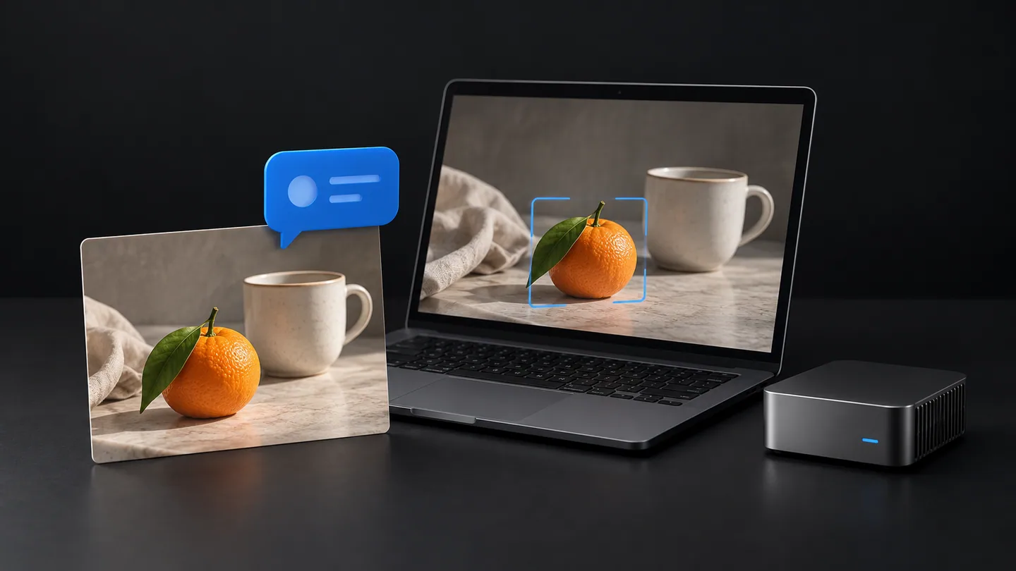 Concept illustration of a laptop examining a photo of a tangerine and cup, with an image card and blue question bubble