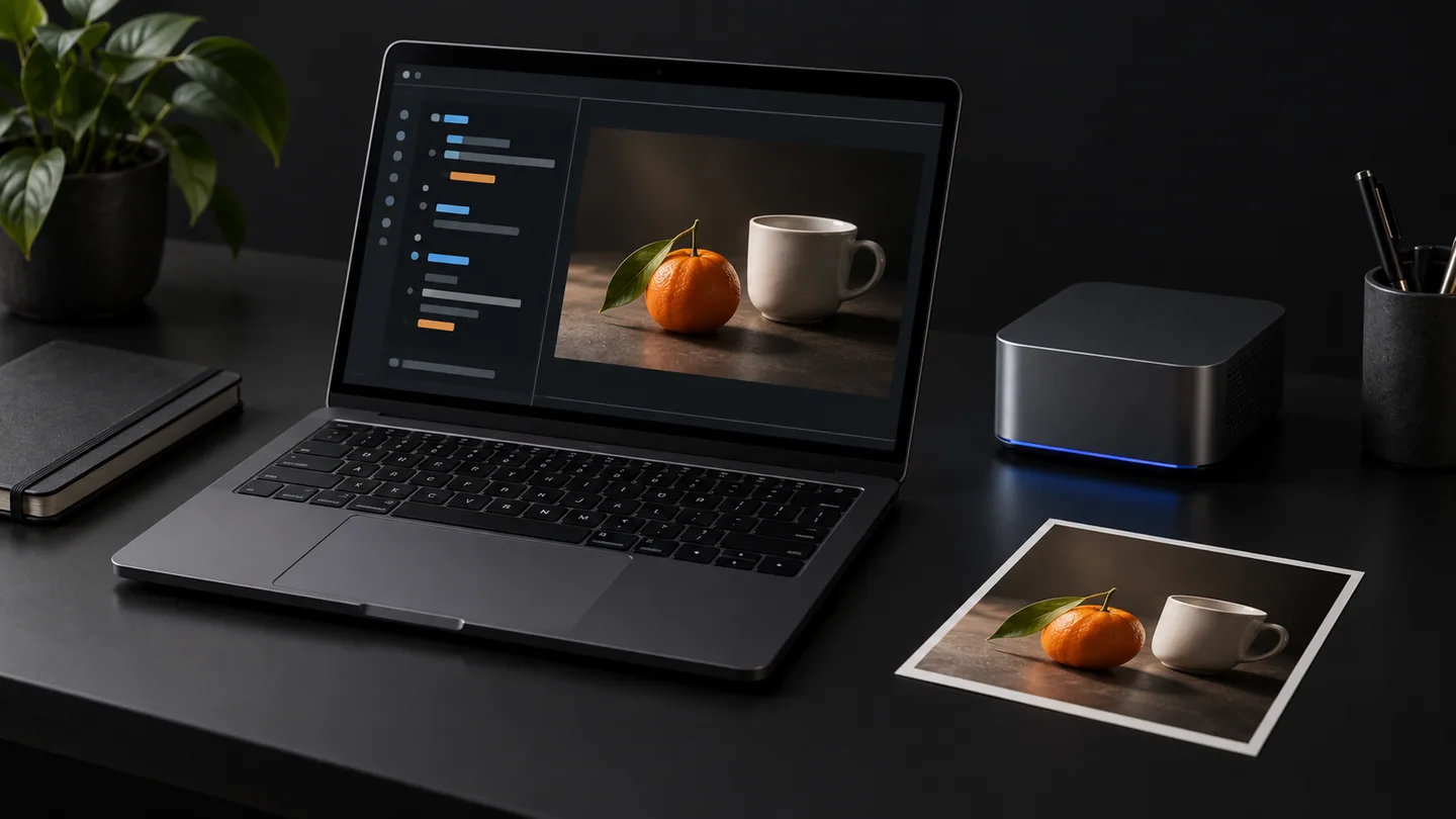 A local development workspace with a laptop and an image of a tangerine and cup